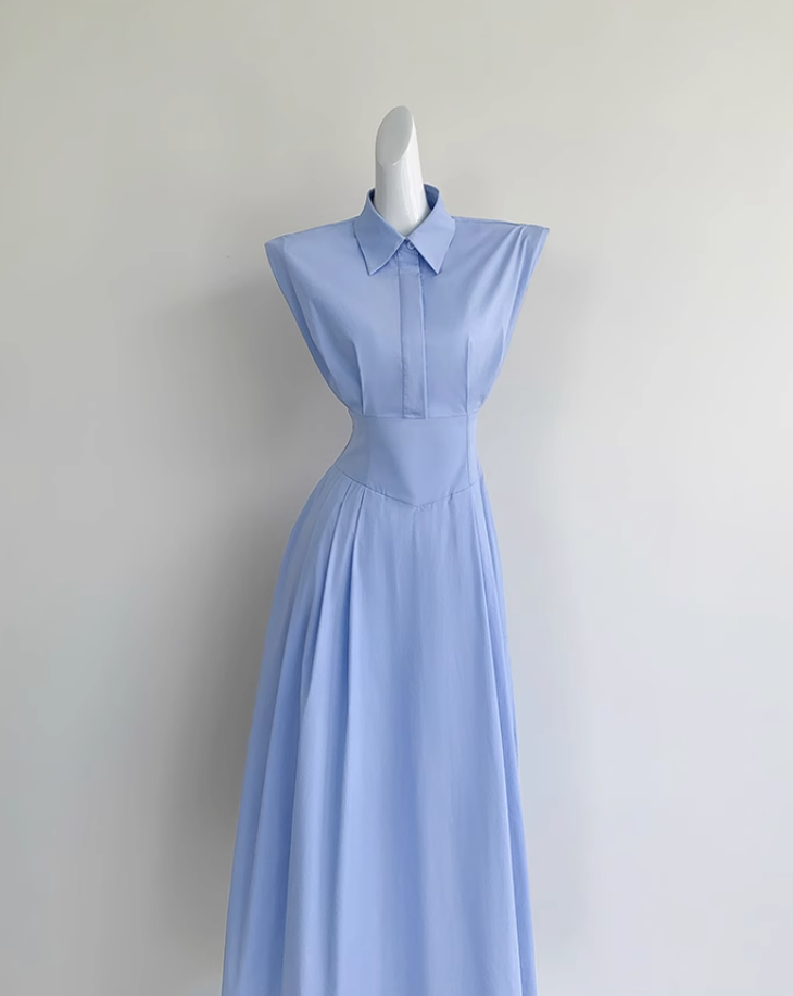 Sleeveless blue shirt dress