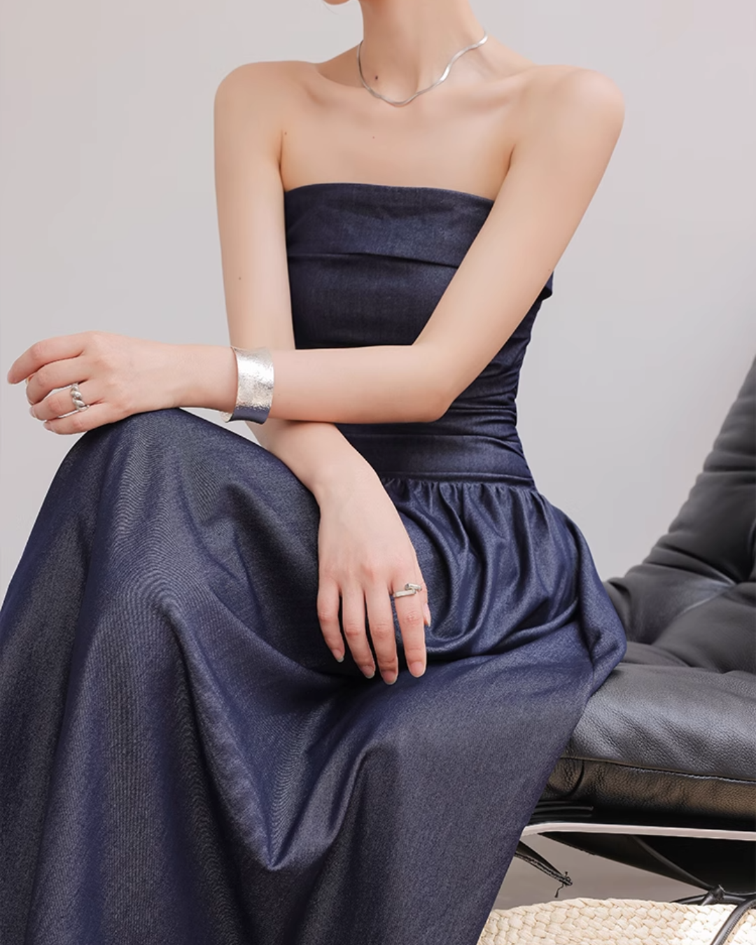 Strapless Denim-Style Maxi Dress