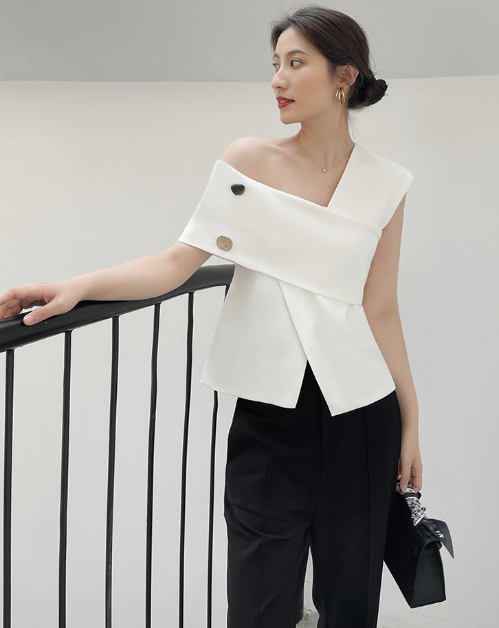 One-shoulder french tops (White)
