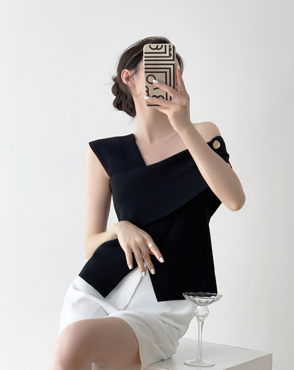 One-shoulder french tops(Black)