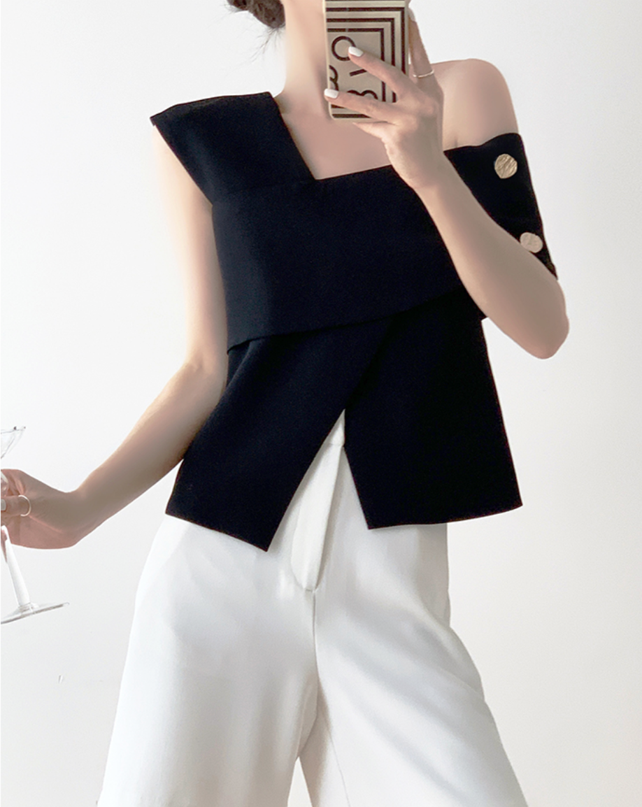 One-shoulder french tops(Black)