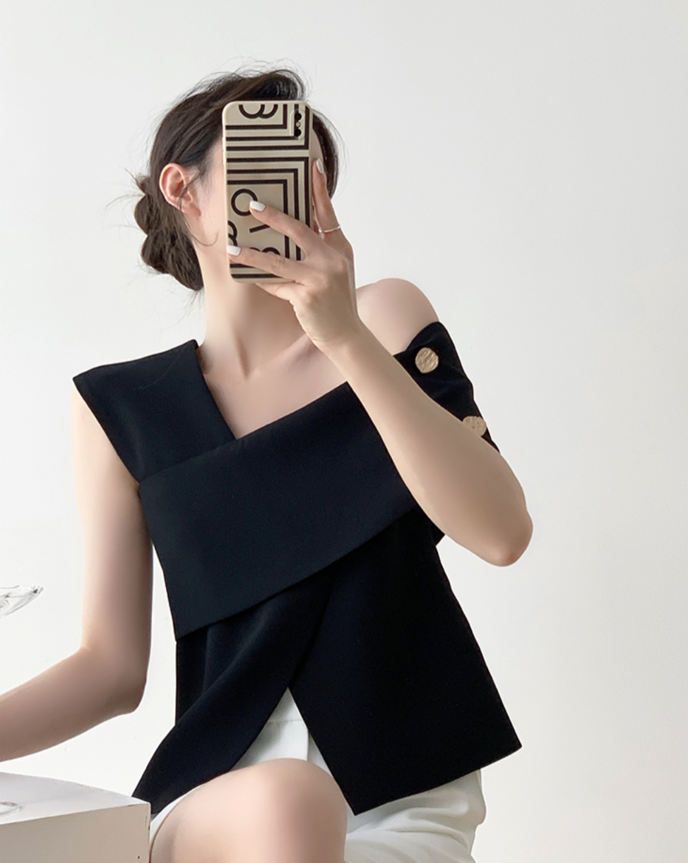 One-shoulder french tops(Black)