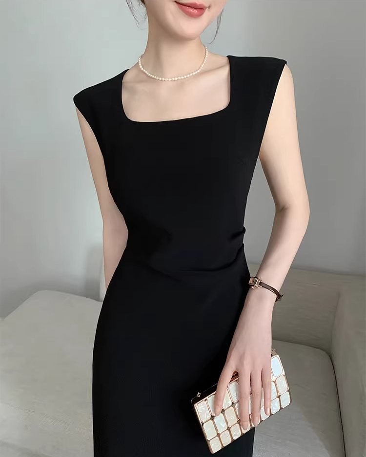 Square neck drape tight dress(Black)