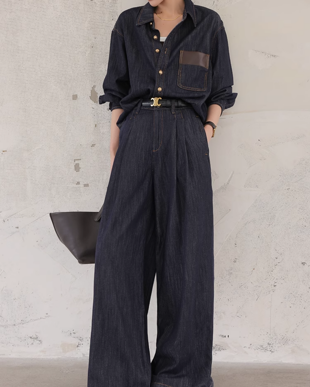 Denim Set-Up with Faux Leather Pocket