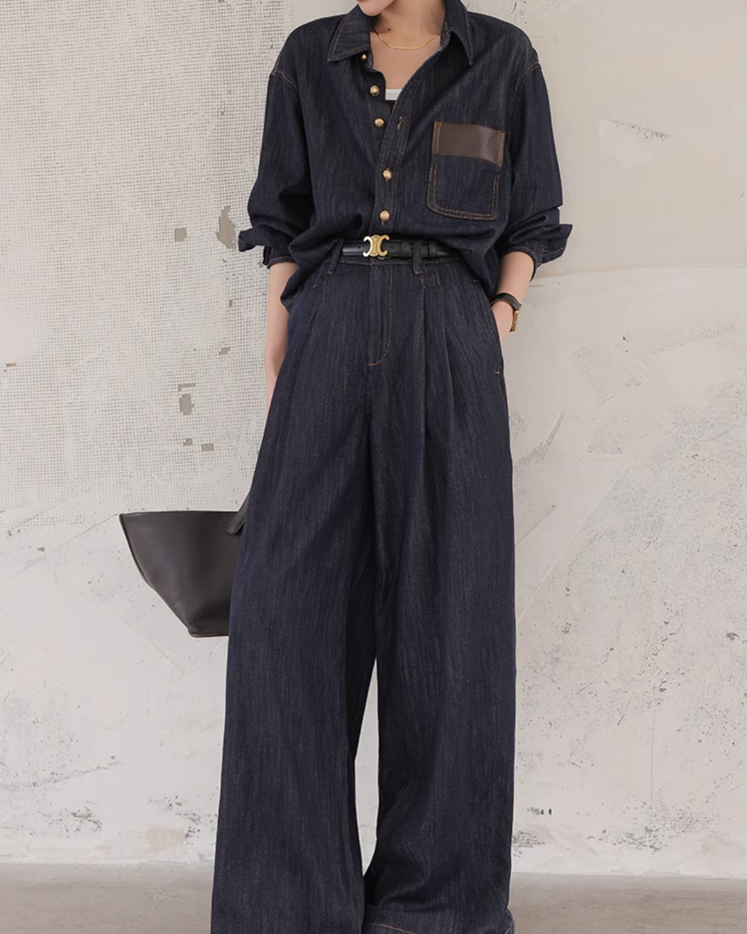 Denim Set-Up with Faux Leather Pocket