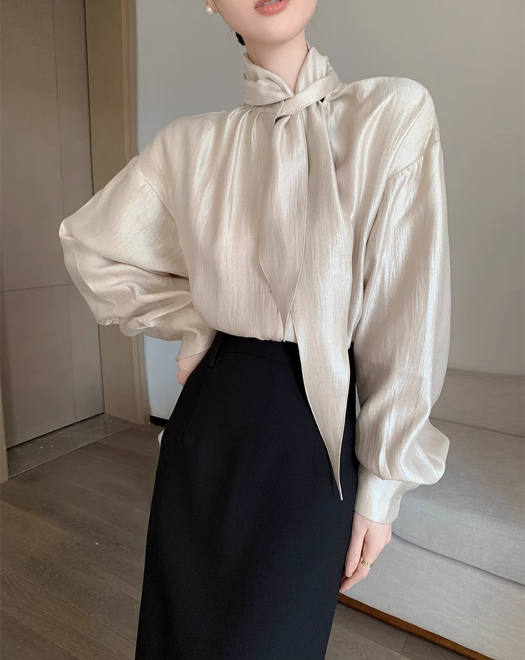 Champagne silk ribbon shirt