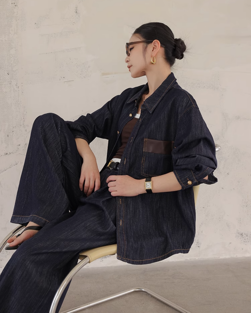 Denim Set-Up with Faux Leather Pocket