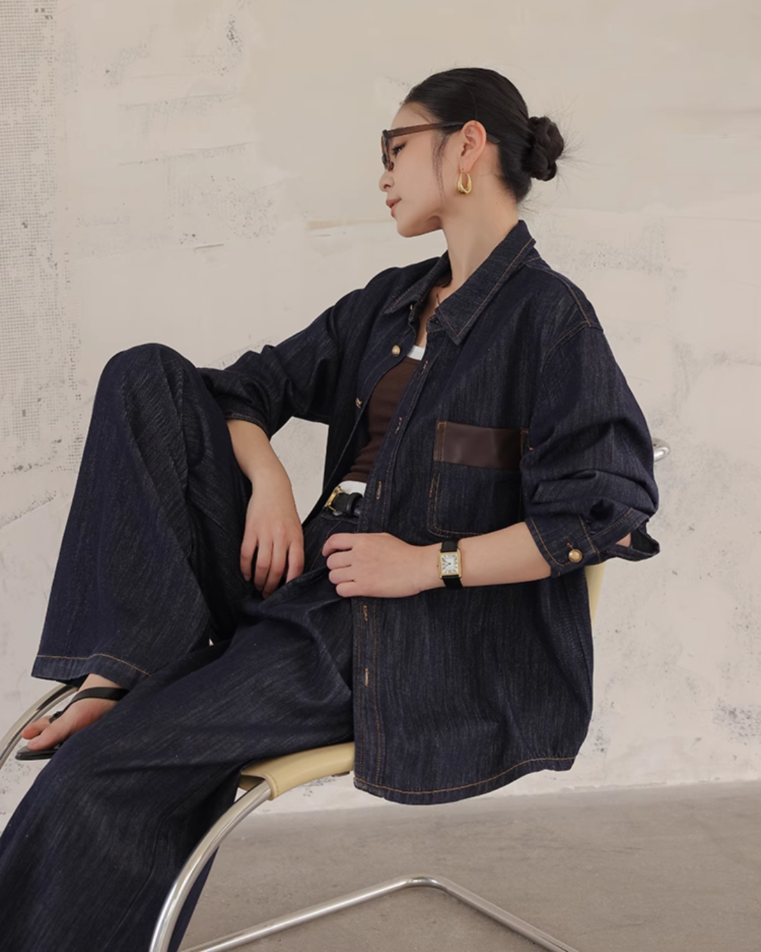 Denim Set-Up with Faux Leather Pocket