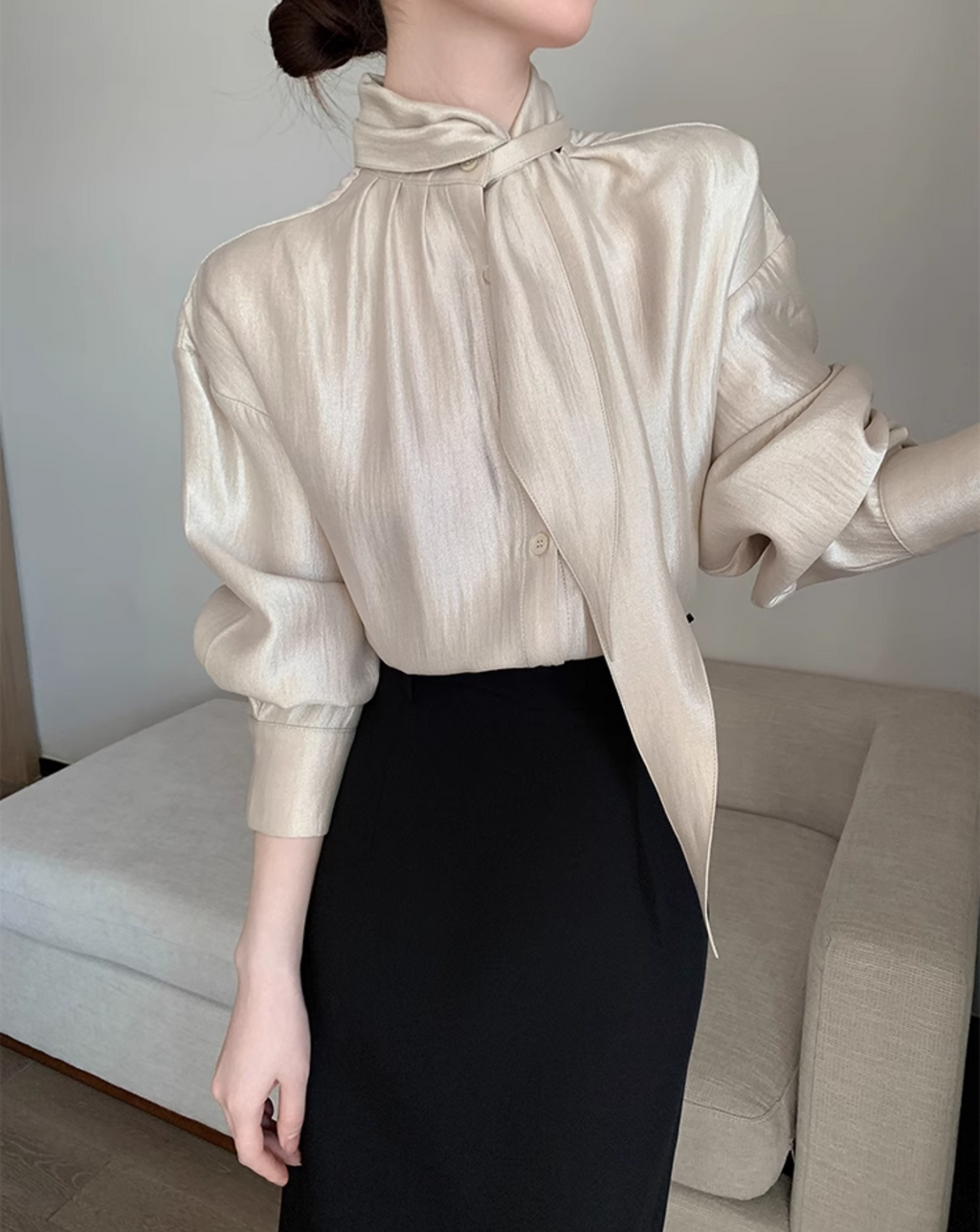 Champagne silk ribbon shirt
