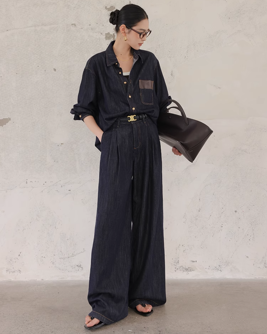 Denim Set-Up with Faux Leather Pocket