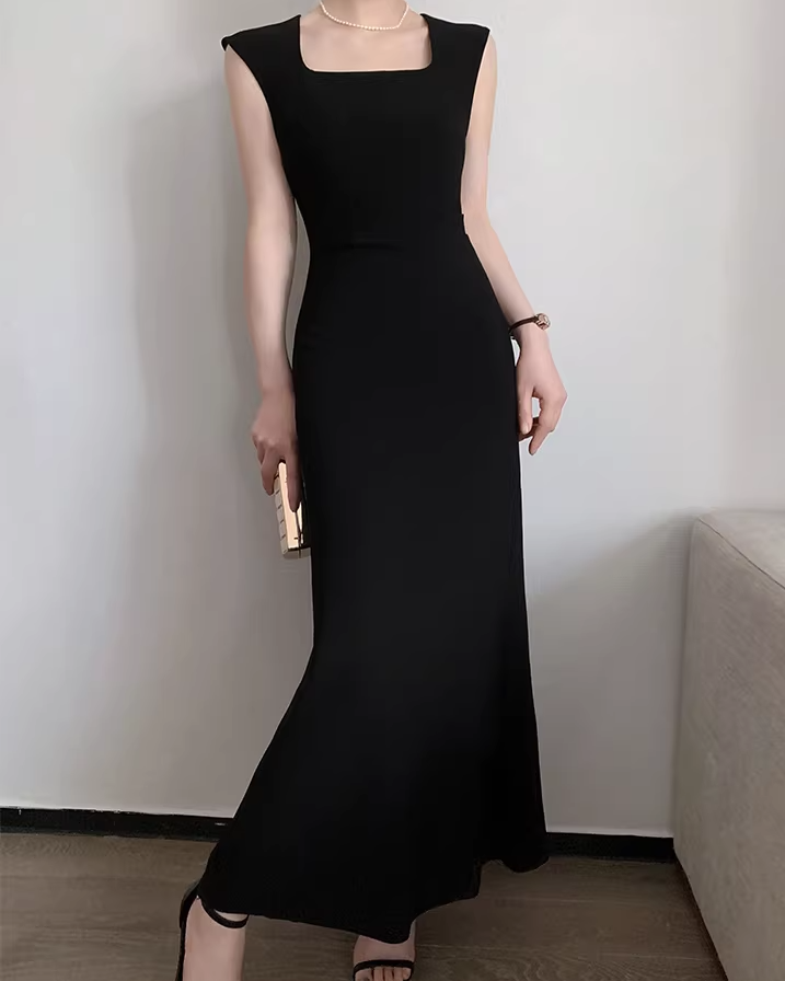 Square neck drape tight dress(Black)
