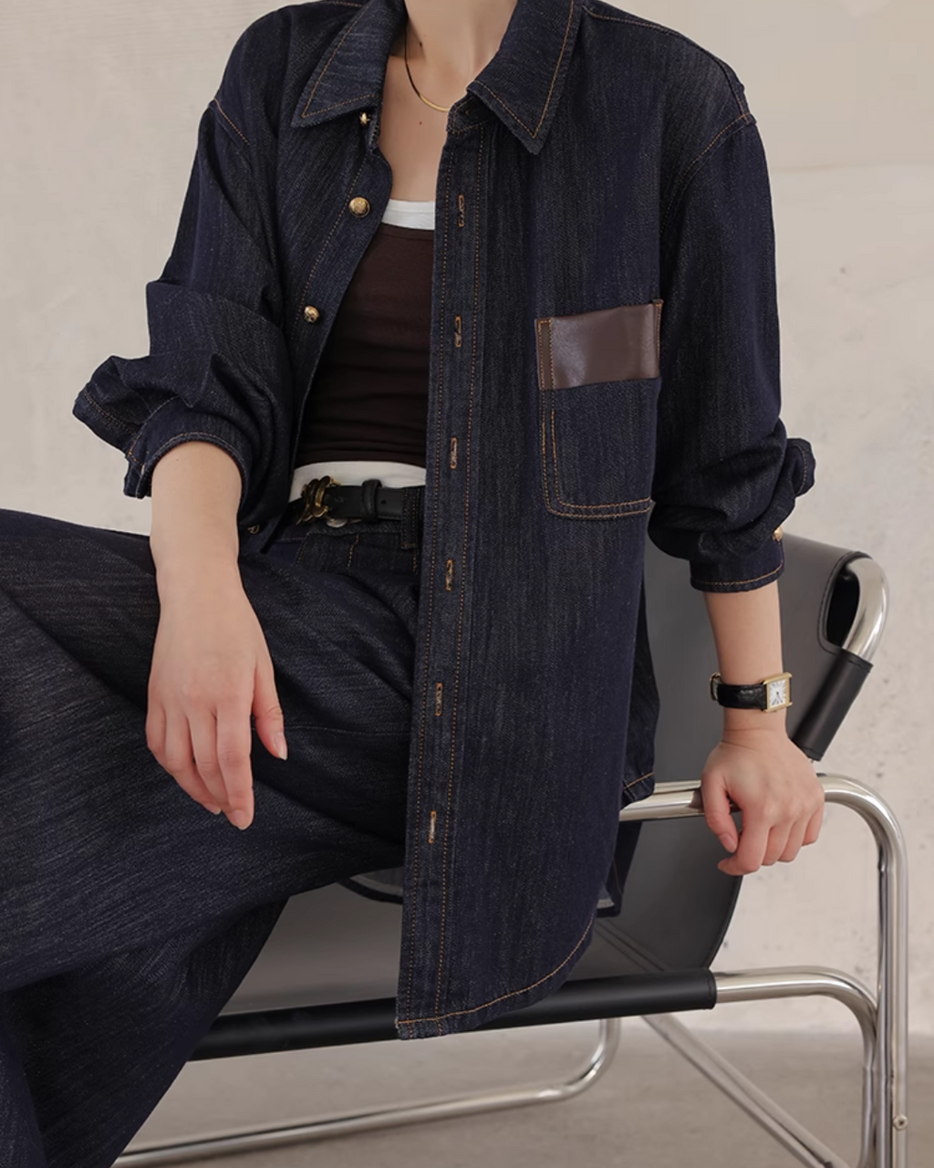 Denim Set-Up with Faux Leather Pocket