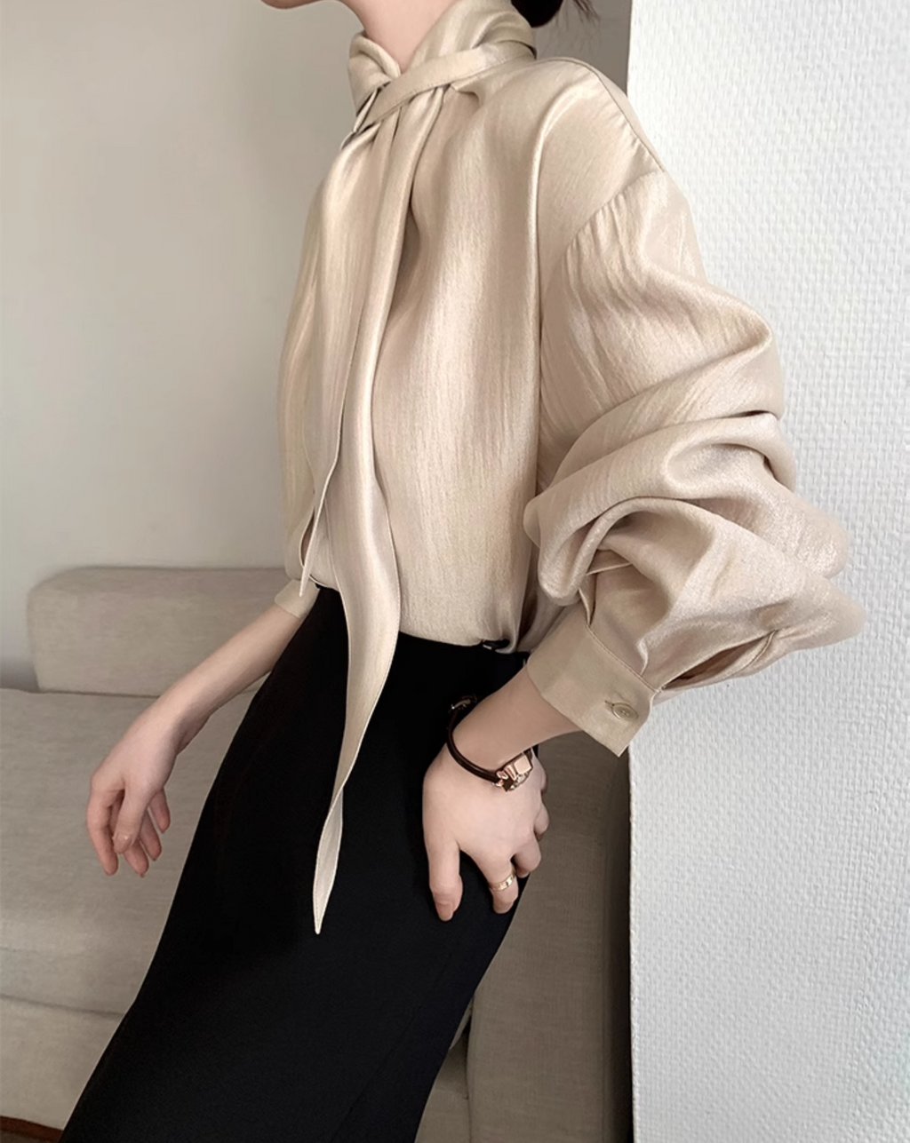Champagne silk ribbon shirt