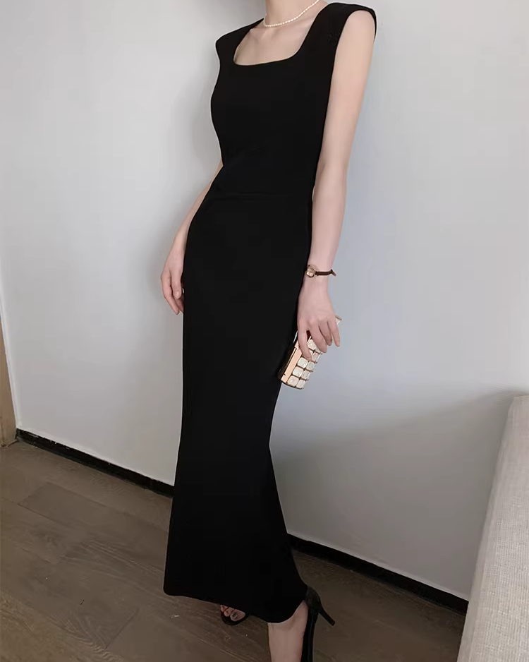Square neck drape tight dress(Black)