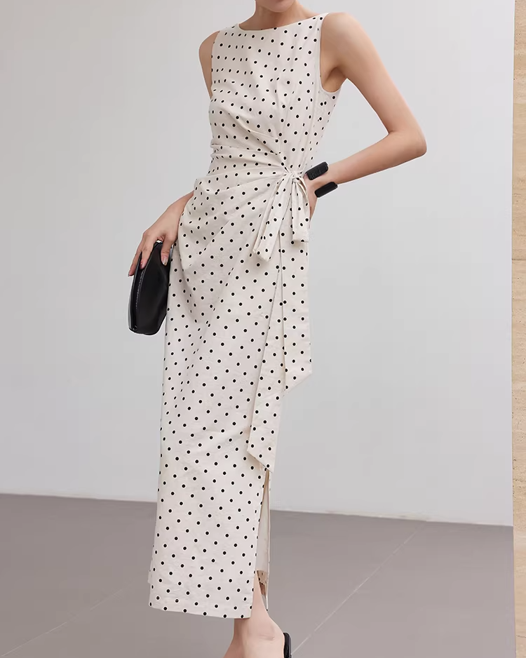 Polka Dot French Retro Waist-Tie Dress