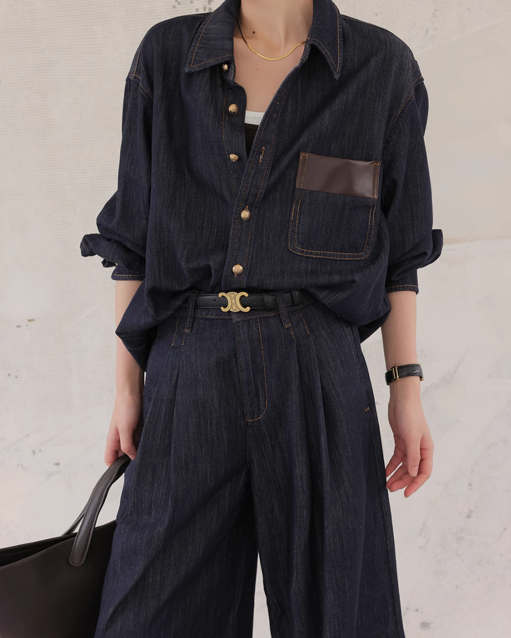 Denim Set-Up with Faux Leather Pocket