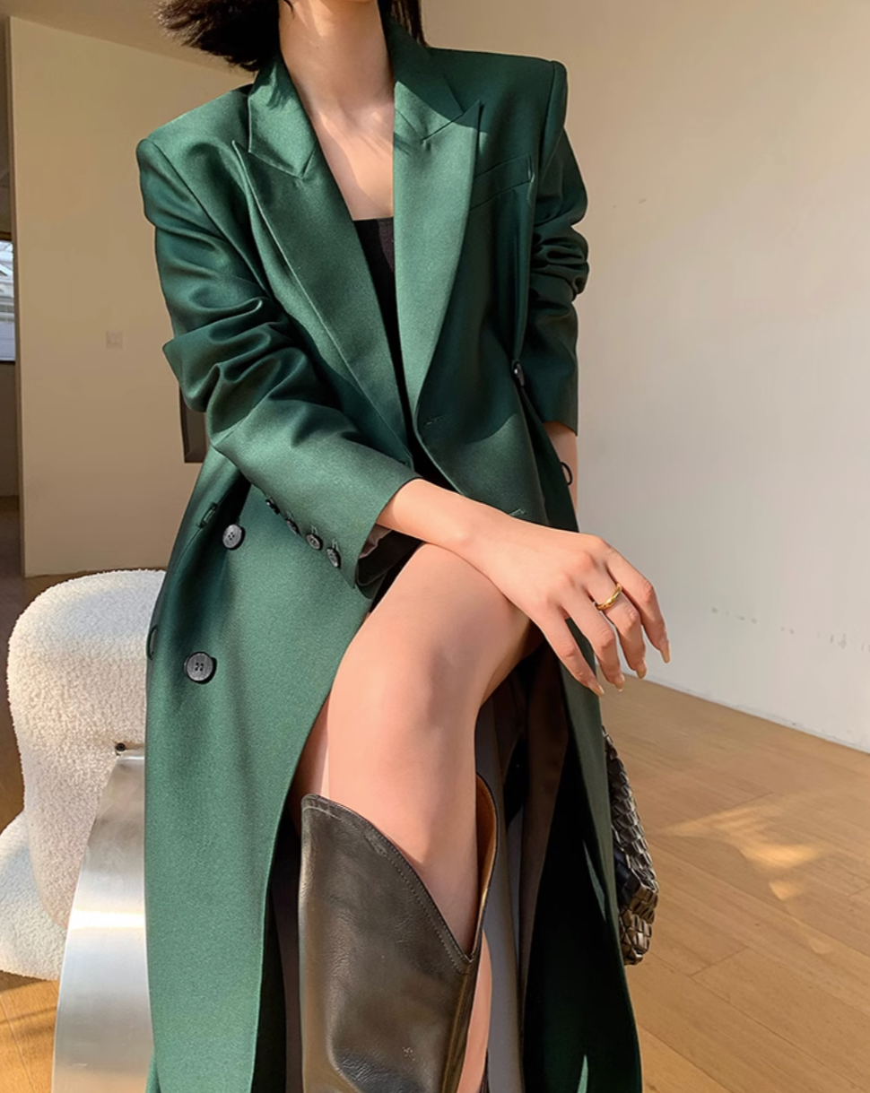 Peak lapel green coat
