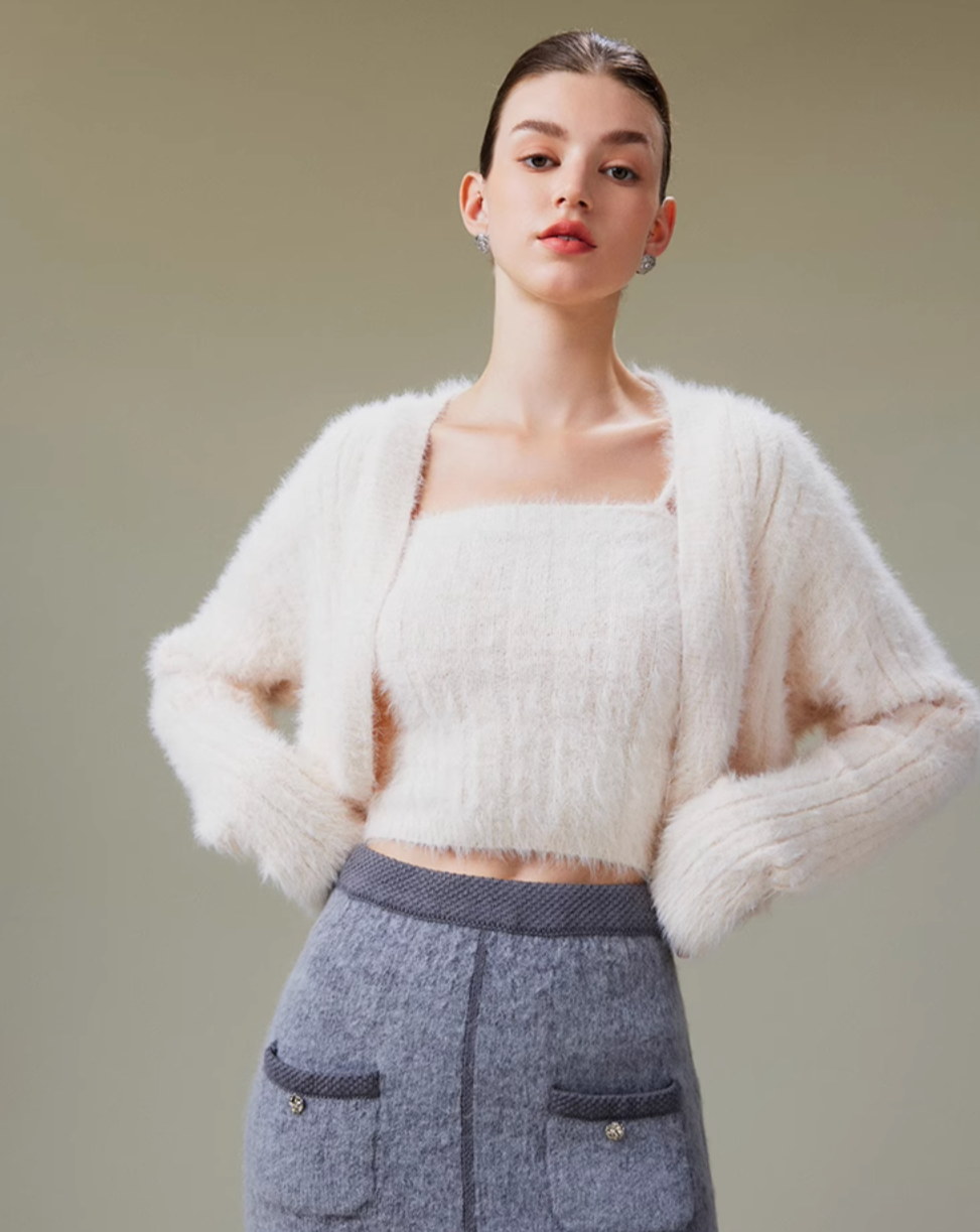 Feather yarn knit tops &amp; cardigan