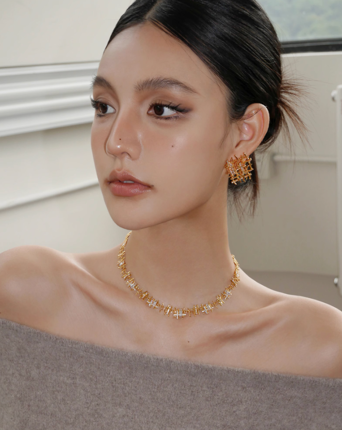 Crosshatch stone earrings & necklace