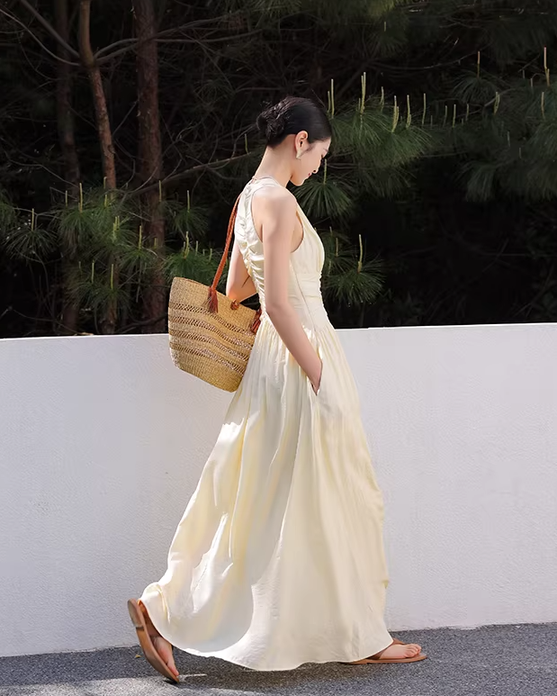 Cross-Drape Halter Dress Yellow