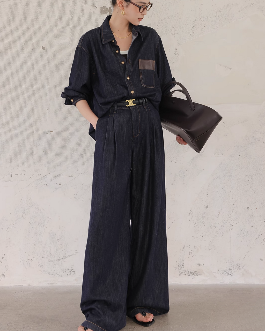 Denim Set-Up with Faux Leather Pocket