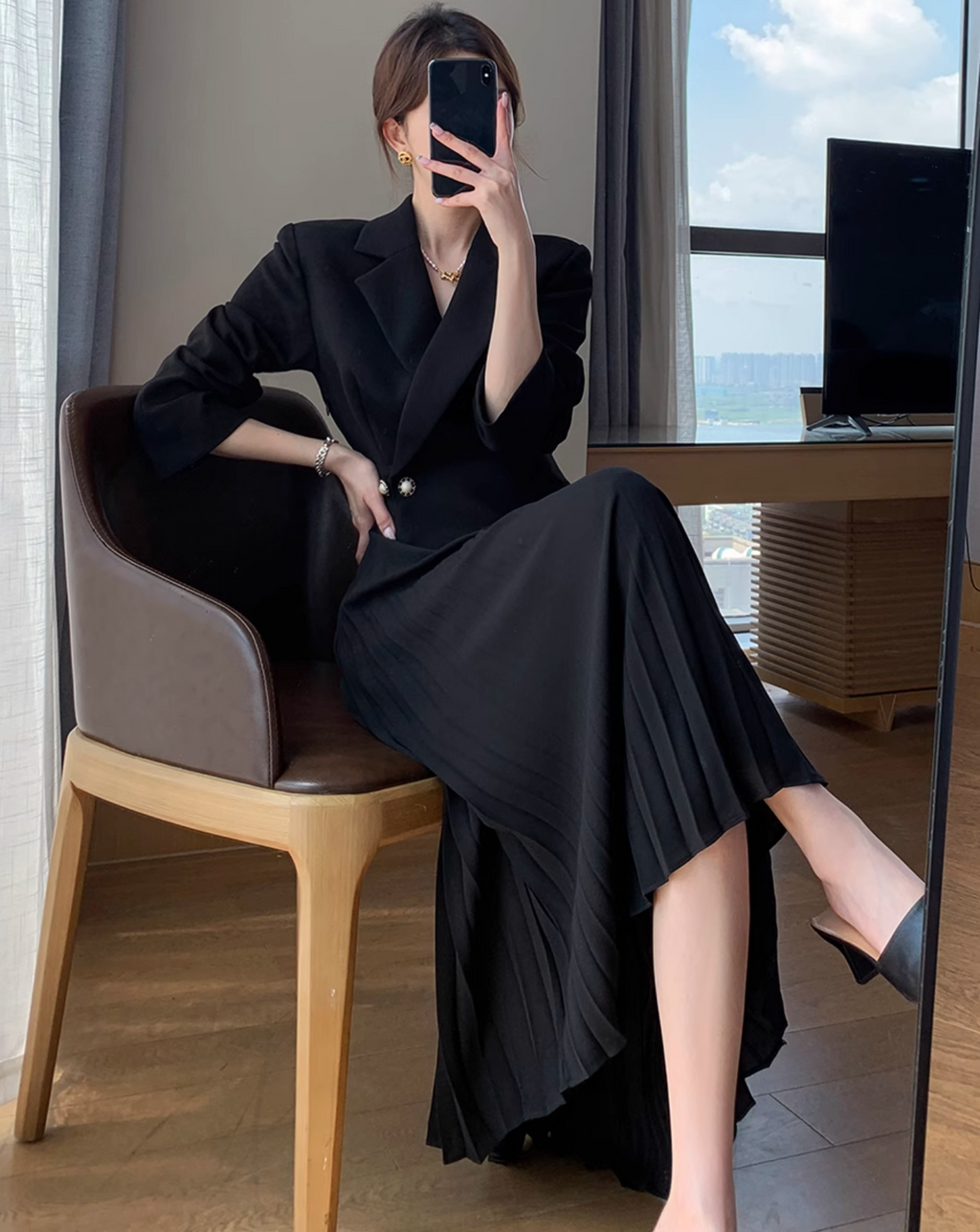 Formal jacket pleats dress (Black)