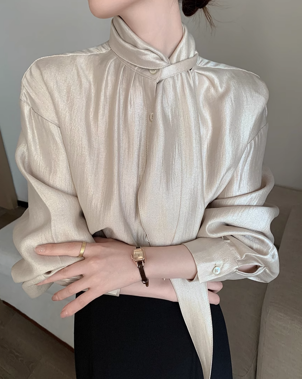 Champagne silk ribbon shirt