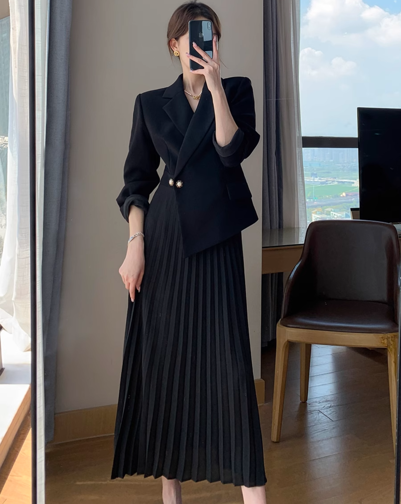 Formal jacket pleats dress (Black)