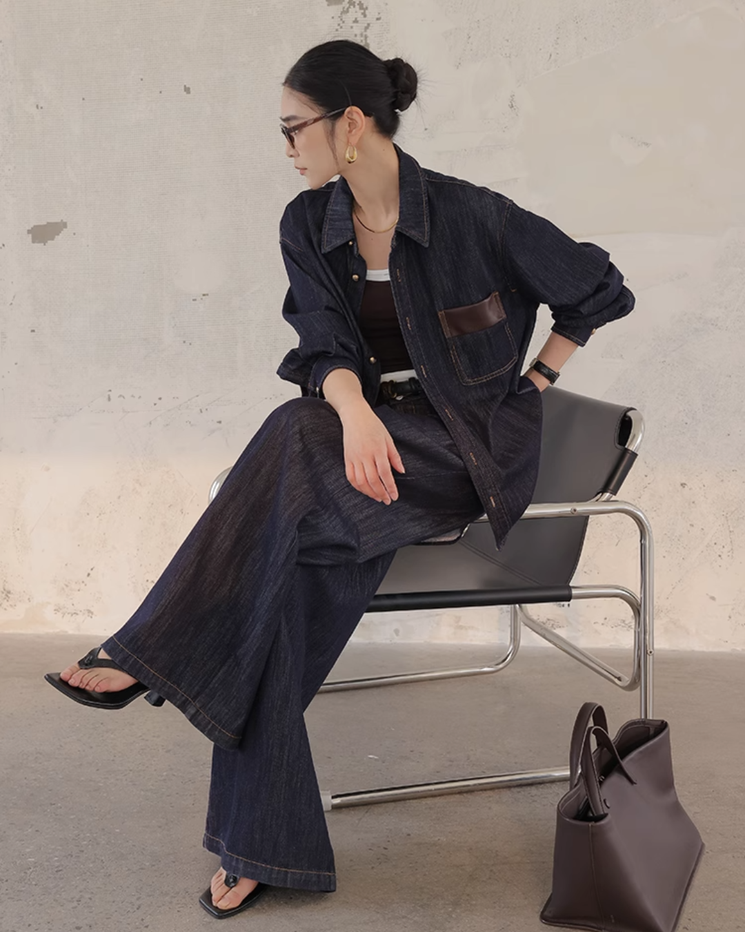 Denim Set-Up with Faux Leather Pocket