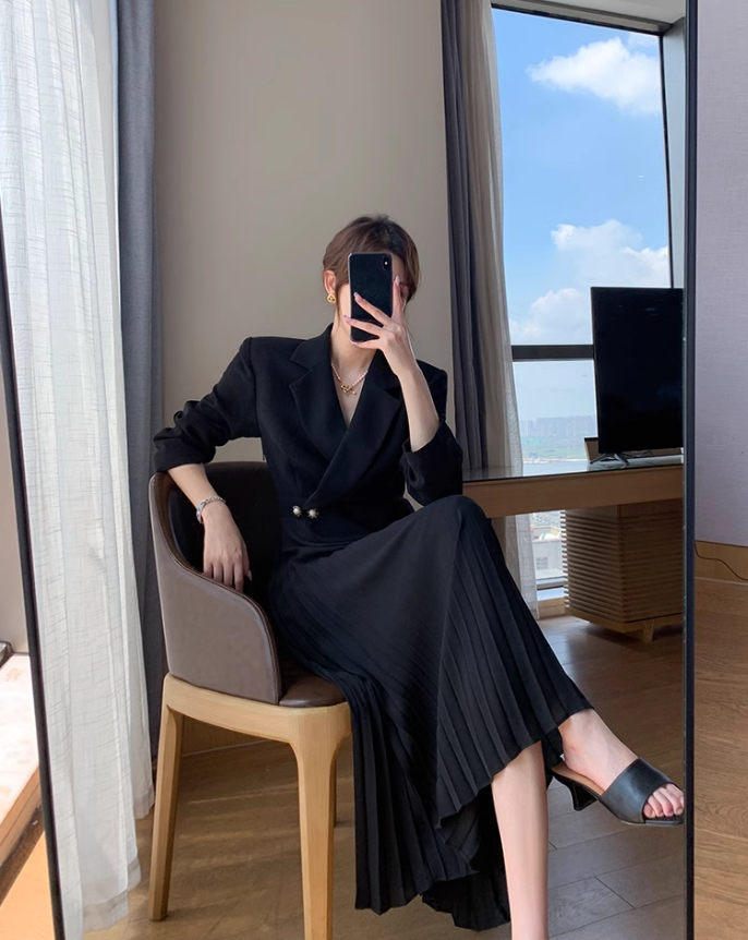 Formal jacket pleats dress (Black)