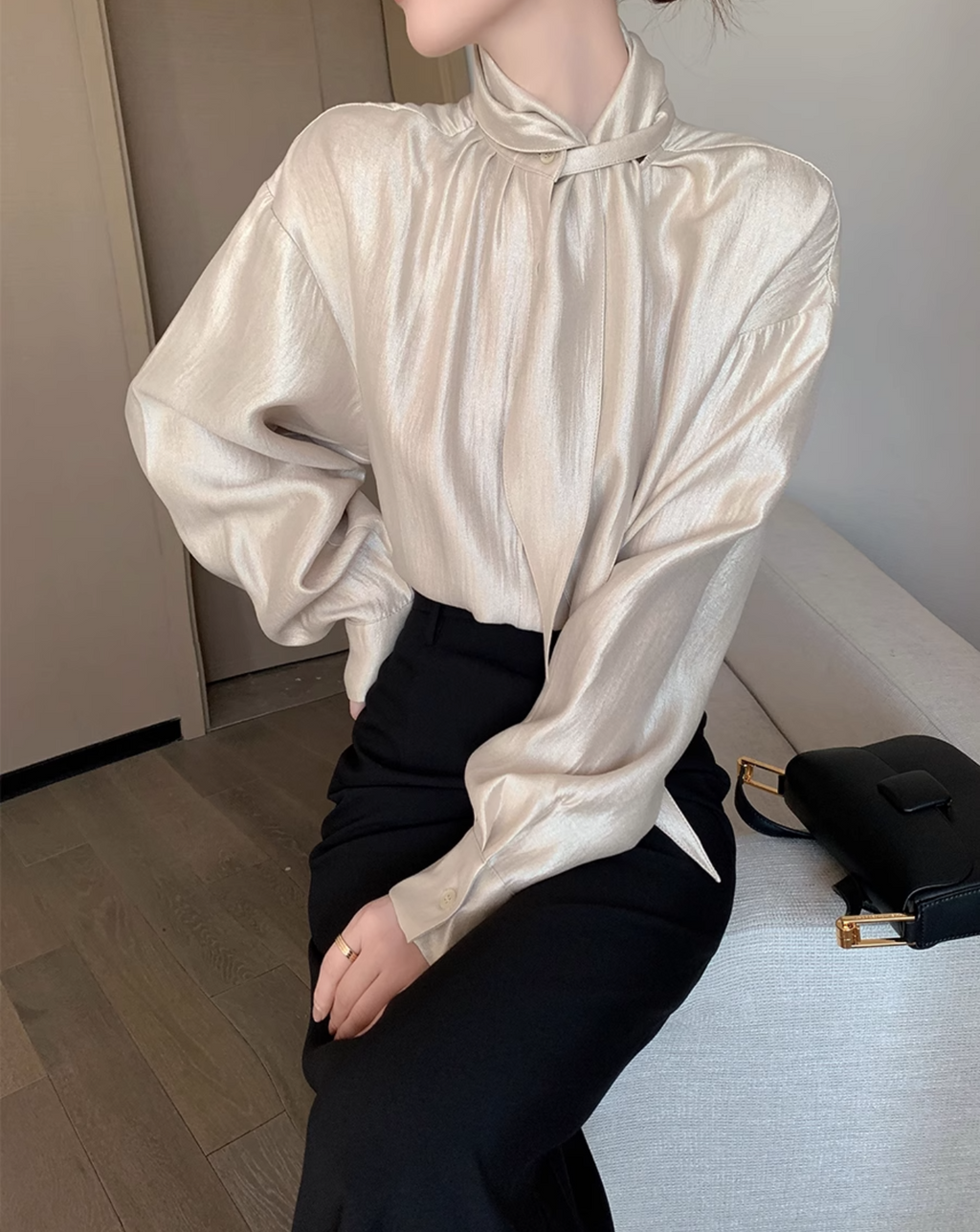 Champagne silk ribbon shirt