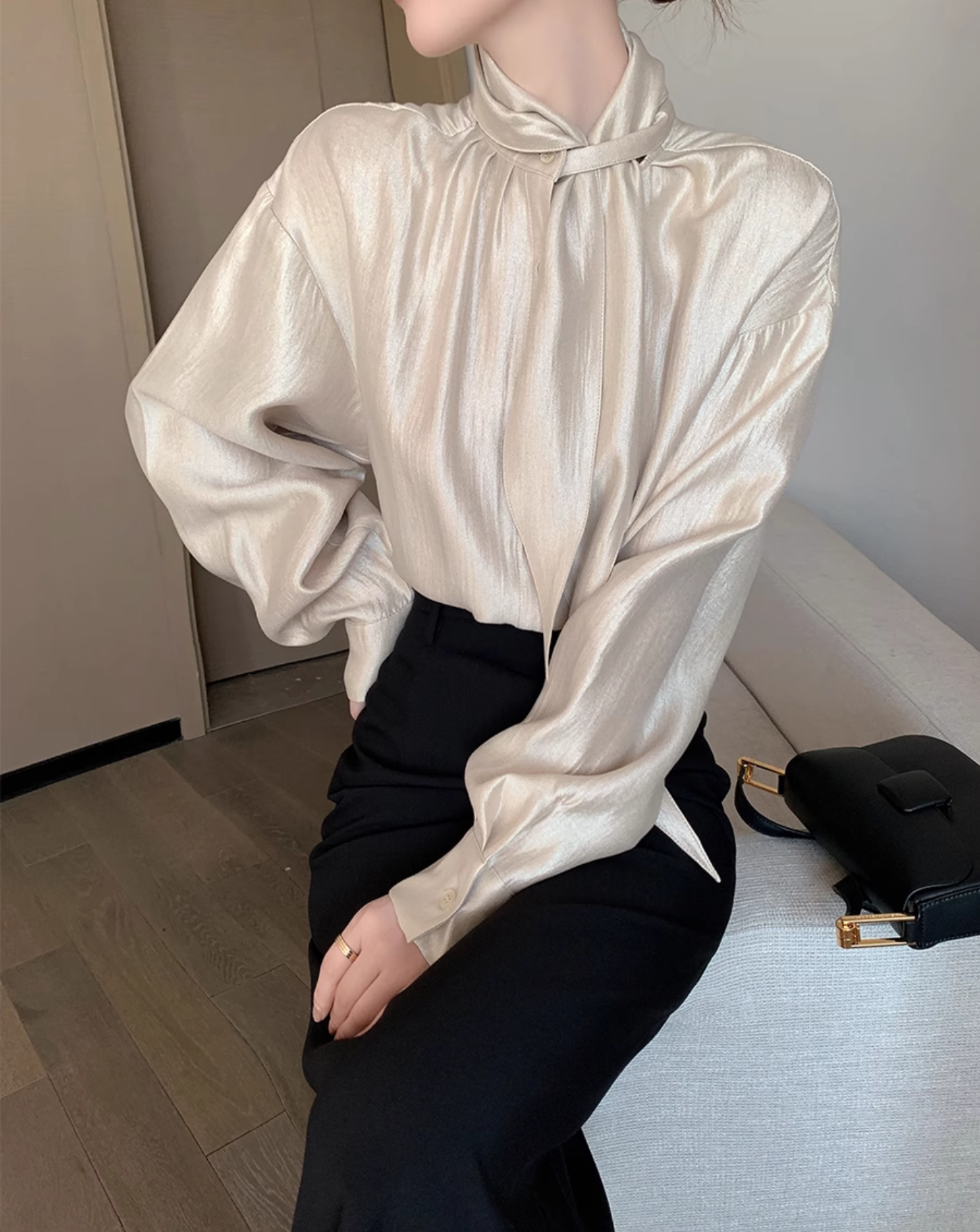 Champagne silk ribbon shirt