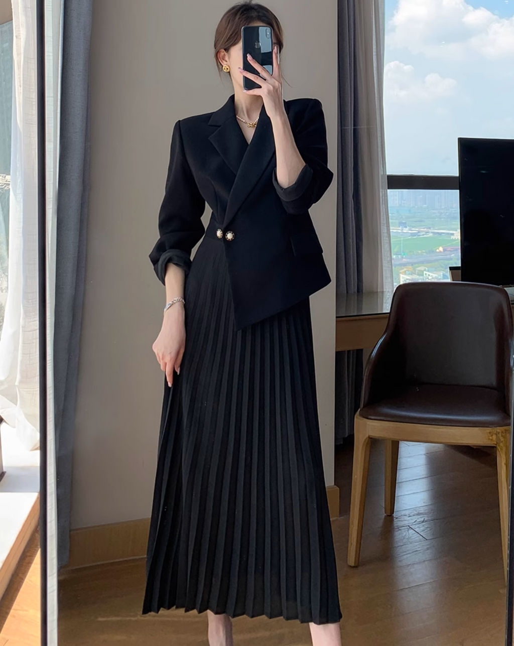 Formal jacket pleats dress (Black)