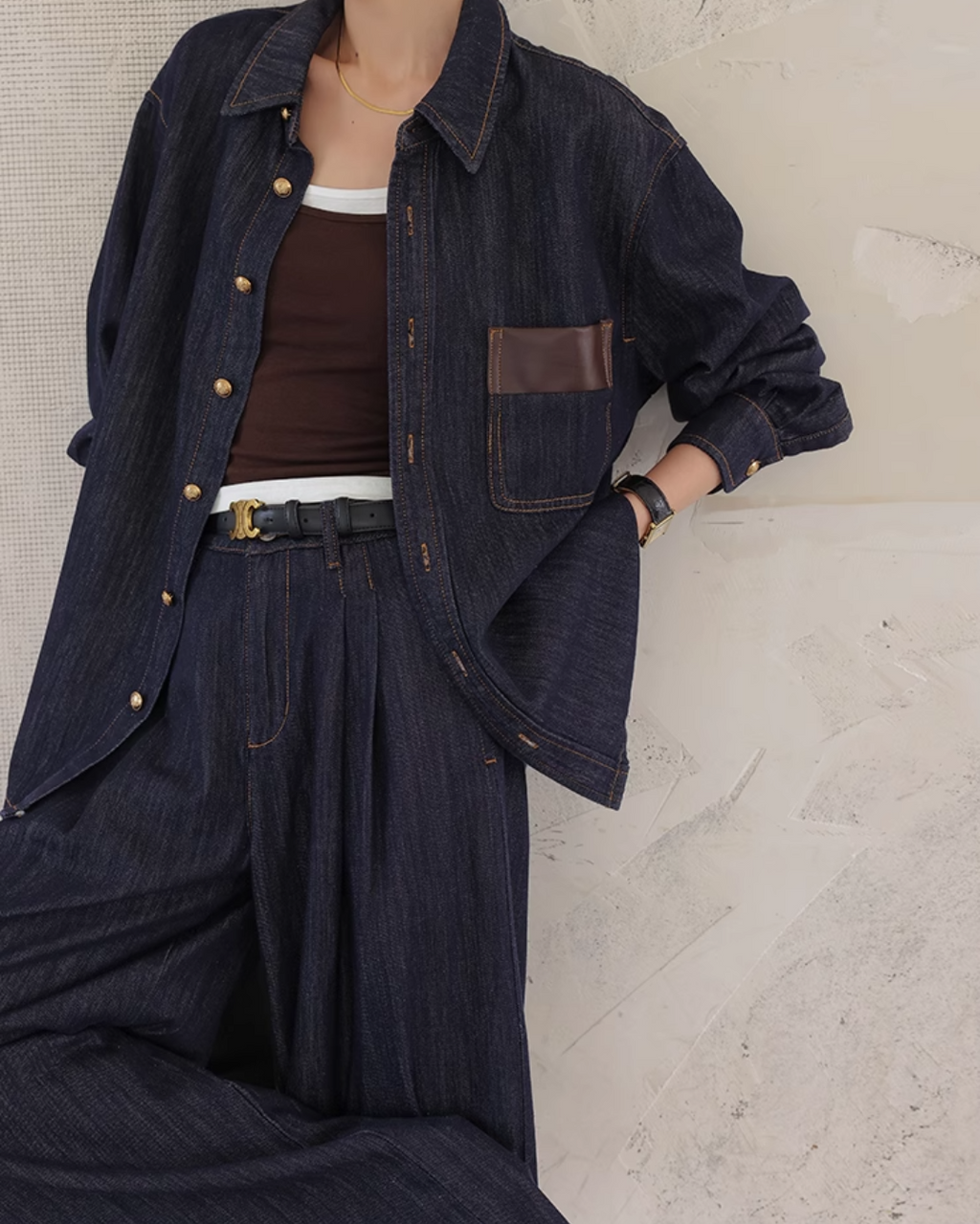 Denim Set-Up with Faux Leather Pocket