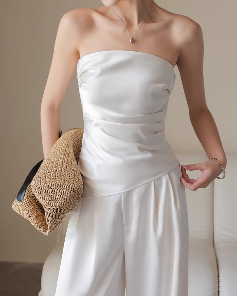 Satin Strapless Top & Wide-Leg Pants Set