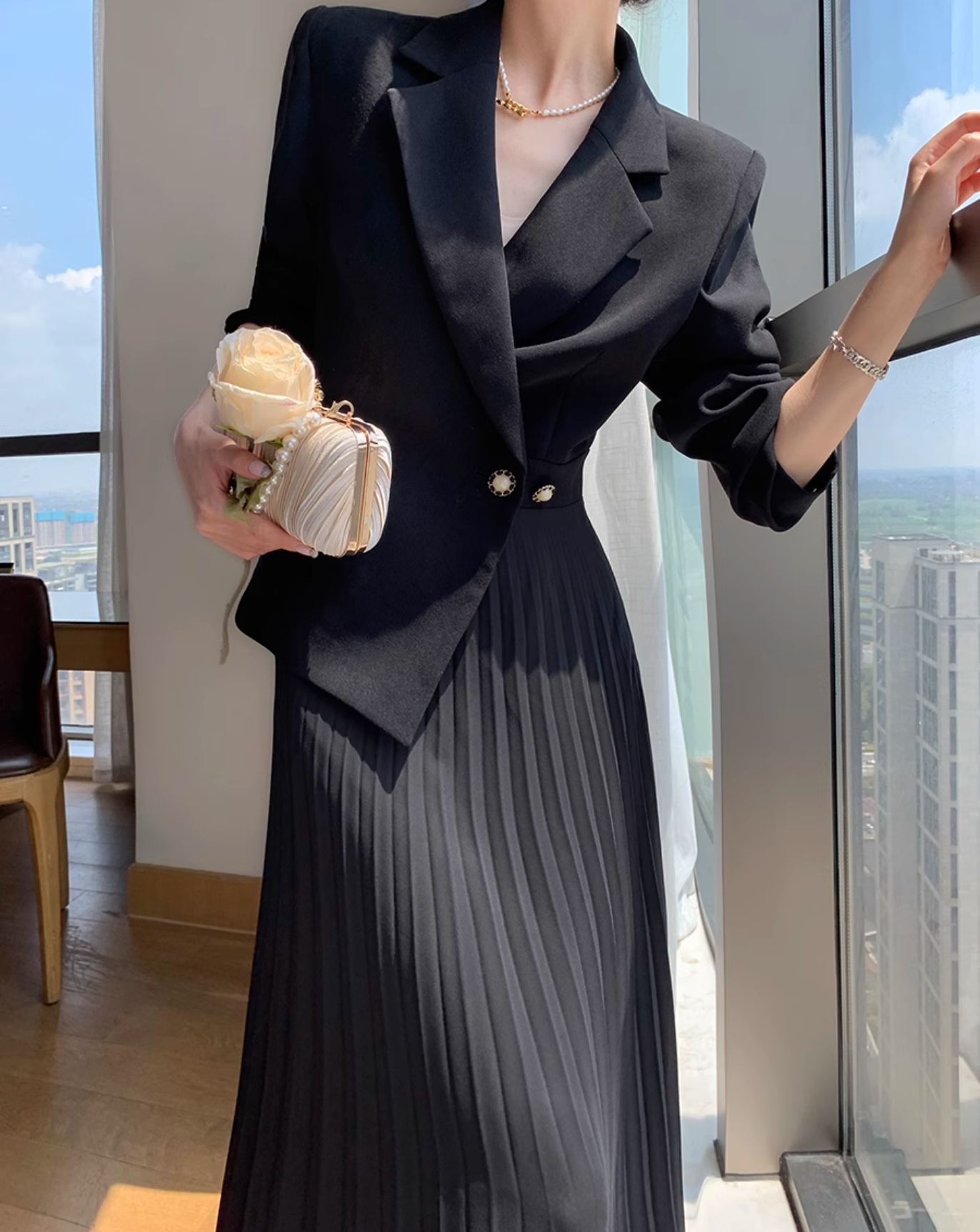 Formal jacket pleats dress (Black)