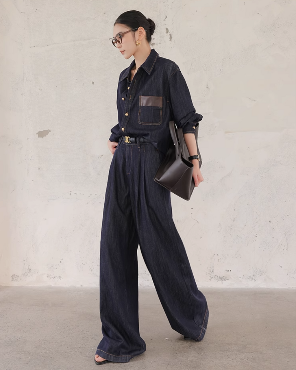 Denim Set-Up with Faux Leather Pocket