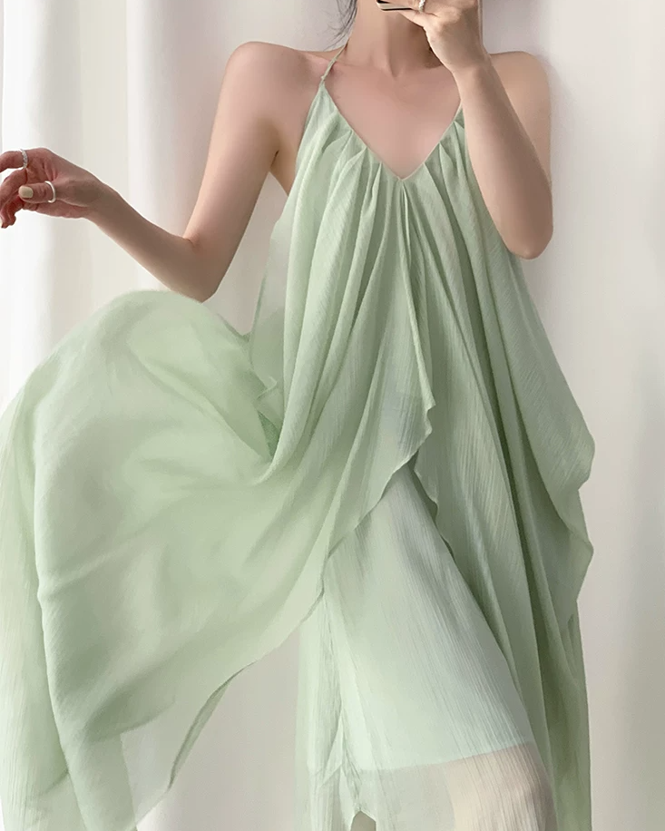 Mint Sheer Drape Halter Dress