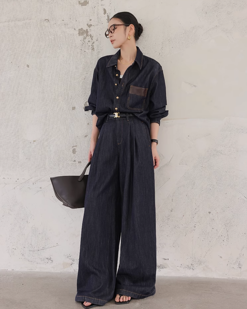 Denim Set-Up with Faux Leather Pocket