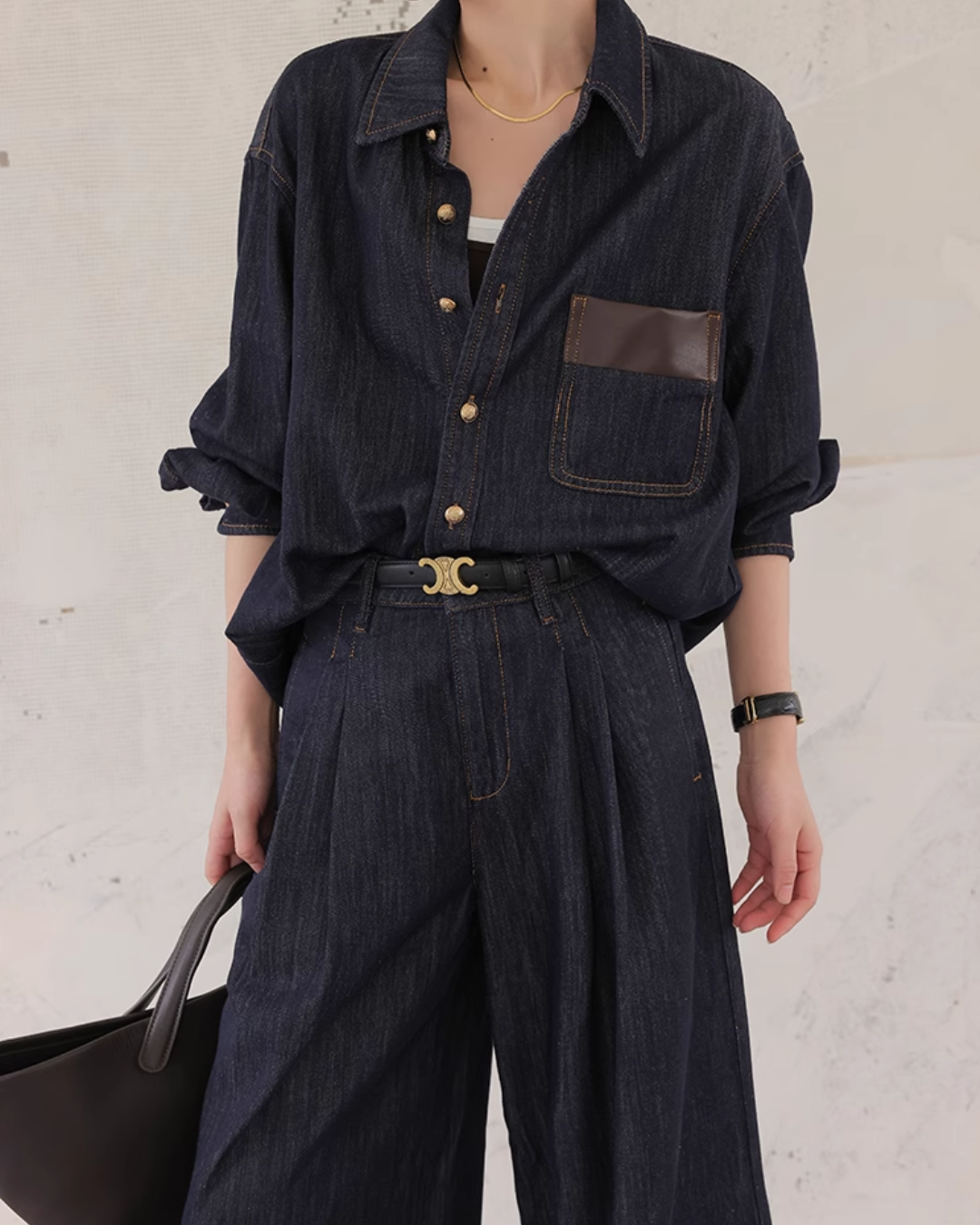 Denim Set-Up with Faux Leather Pocket