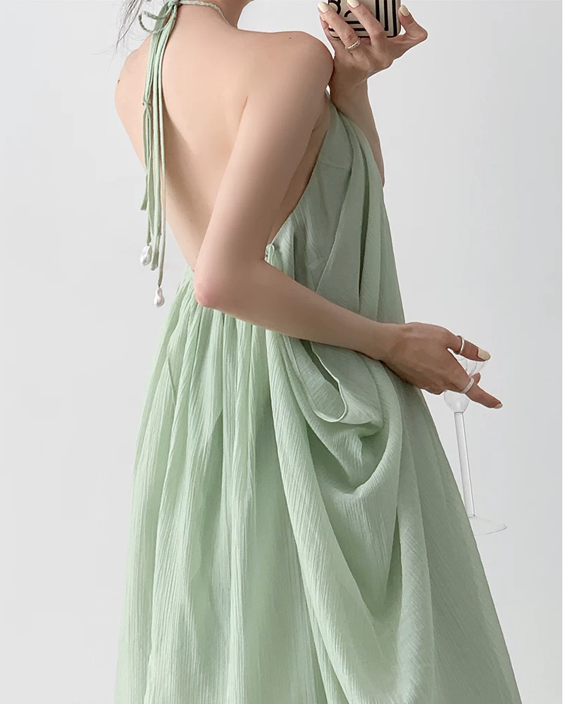 Mint Sheer Drape Halter Dress