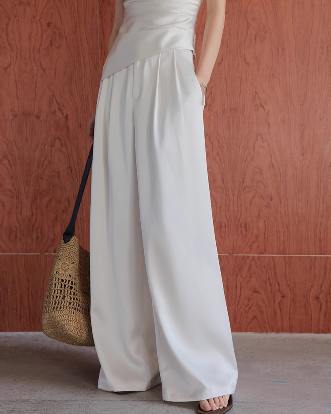 Satin Strapless Top & Wide-Leg Pants Set