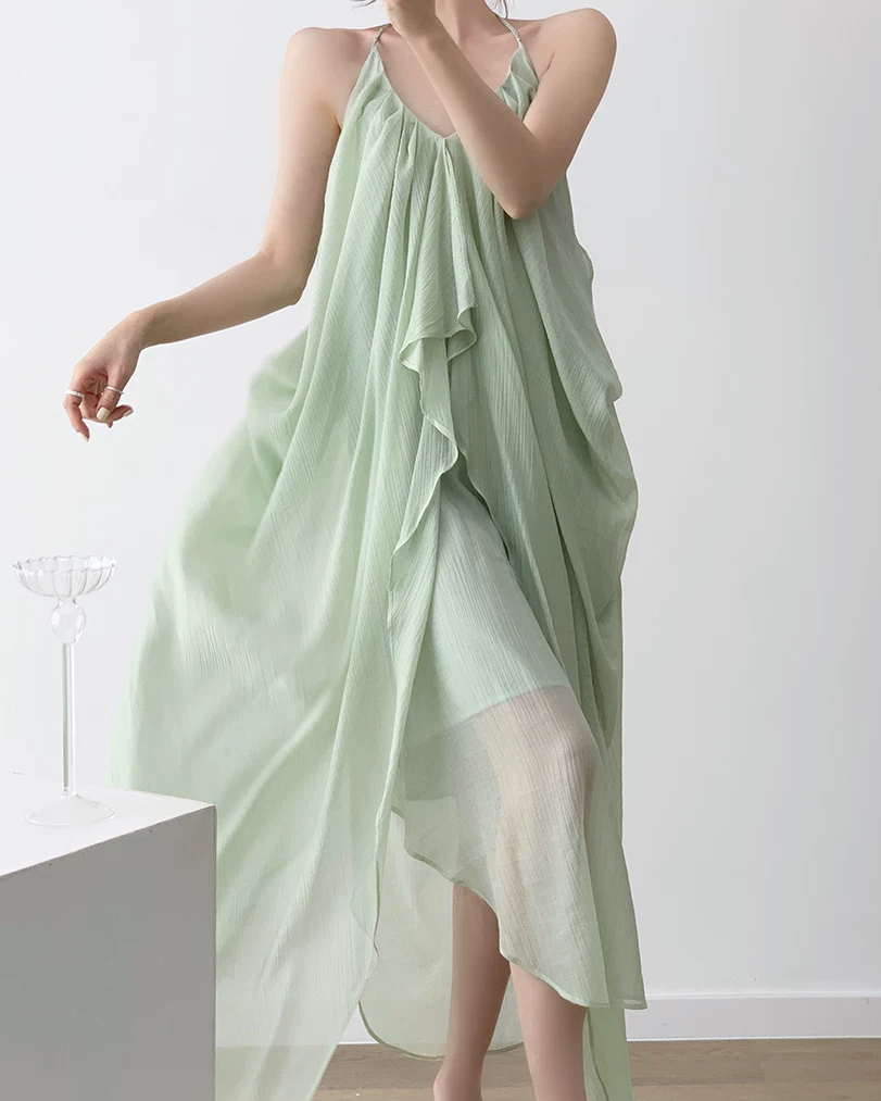 Mint Sheer Drape Halter Dress