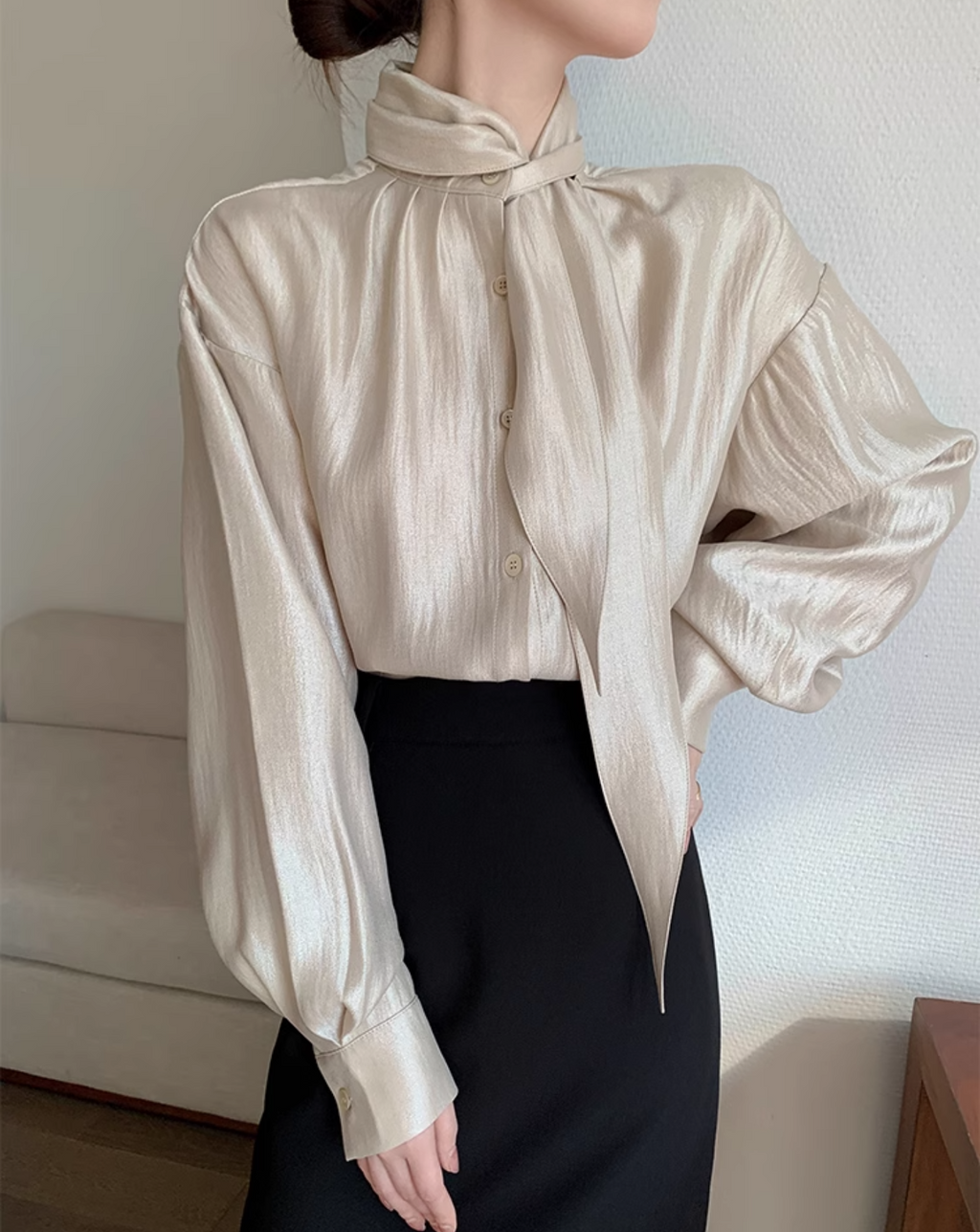 Champagne silk ribbon shirt