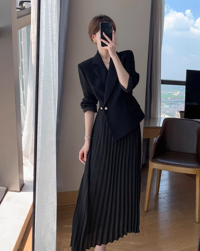 Formal jacket pleats dress (Black)