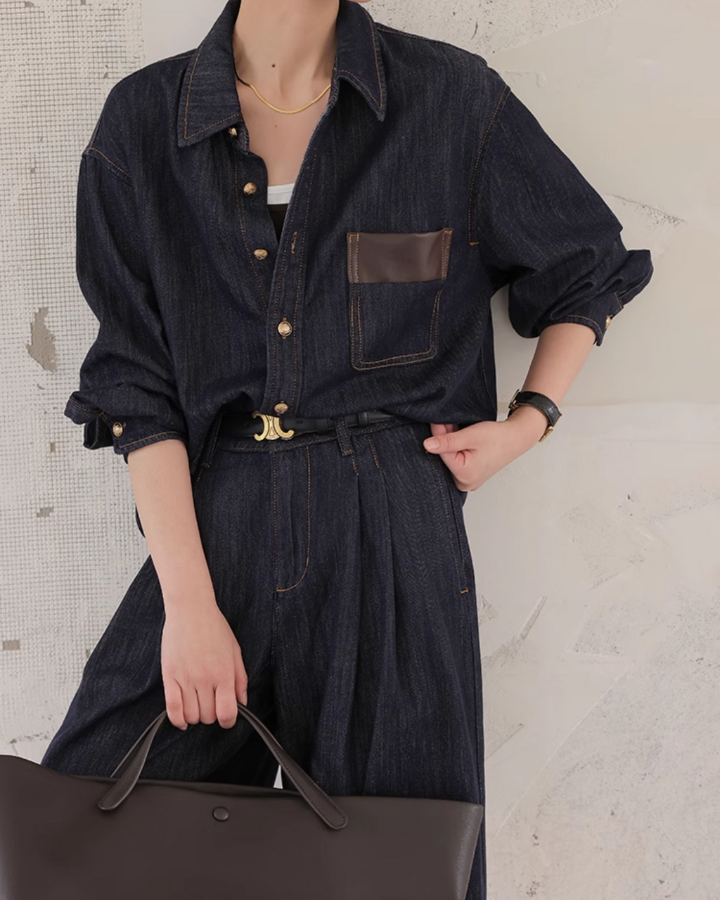 Denim Set-Up with Faux Leather Pocket