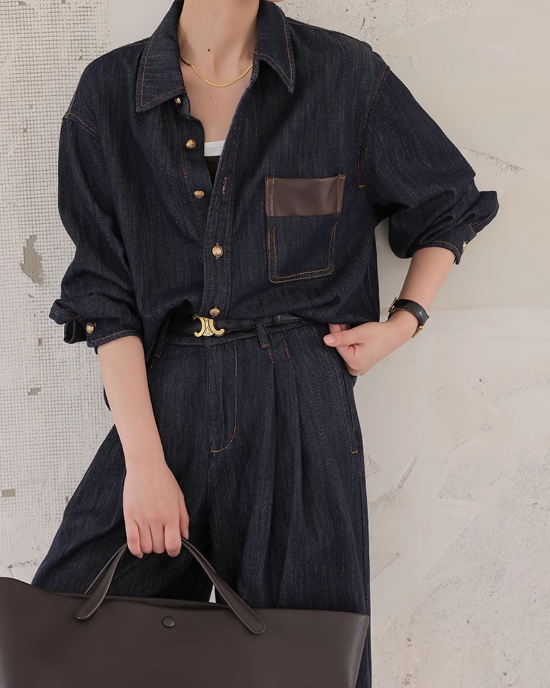 Denim Set-Up with Faux Leather Pocket