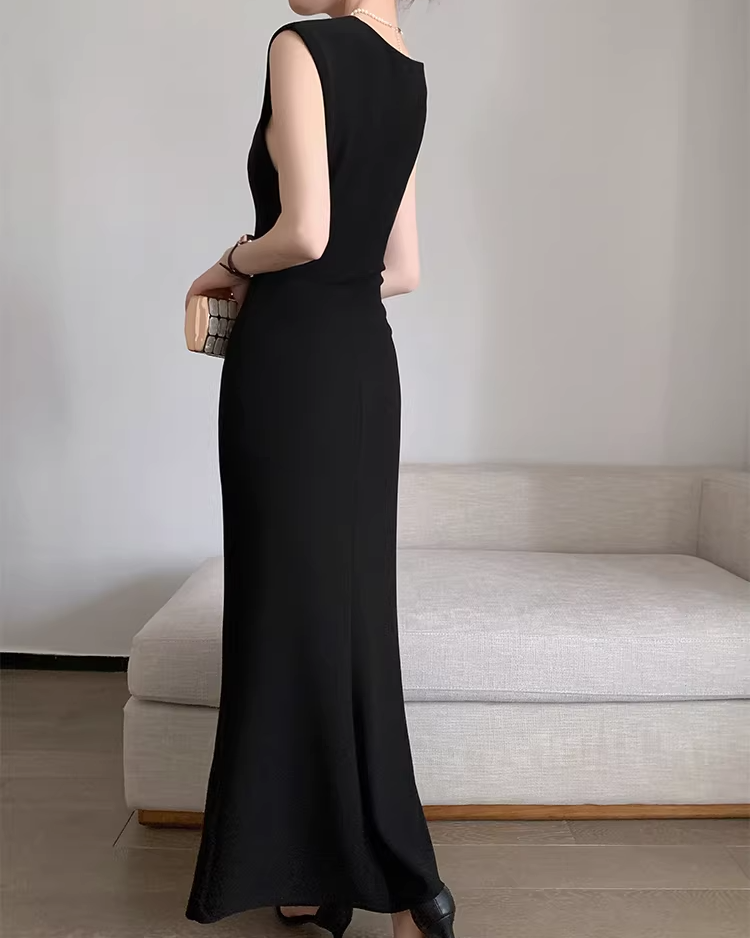 Square neck drape tight dress(Black)