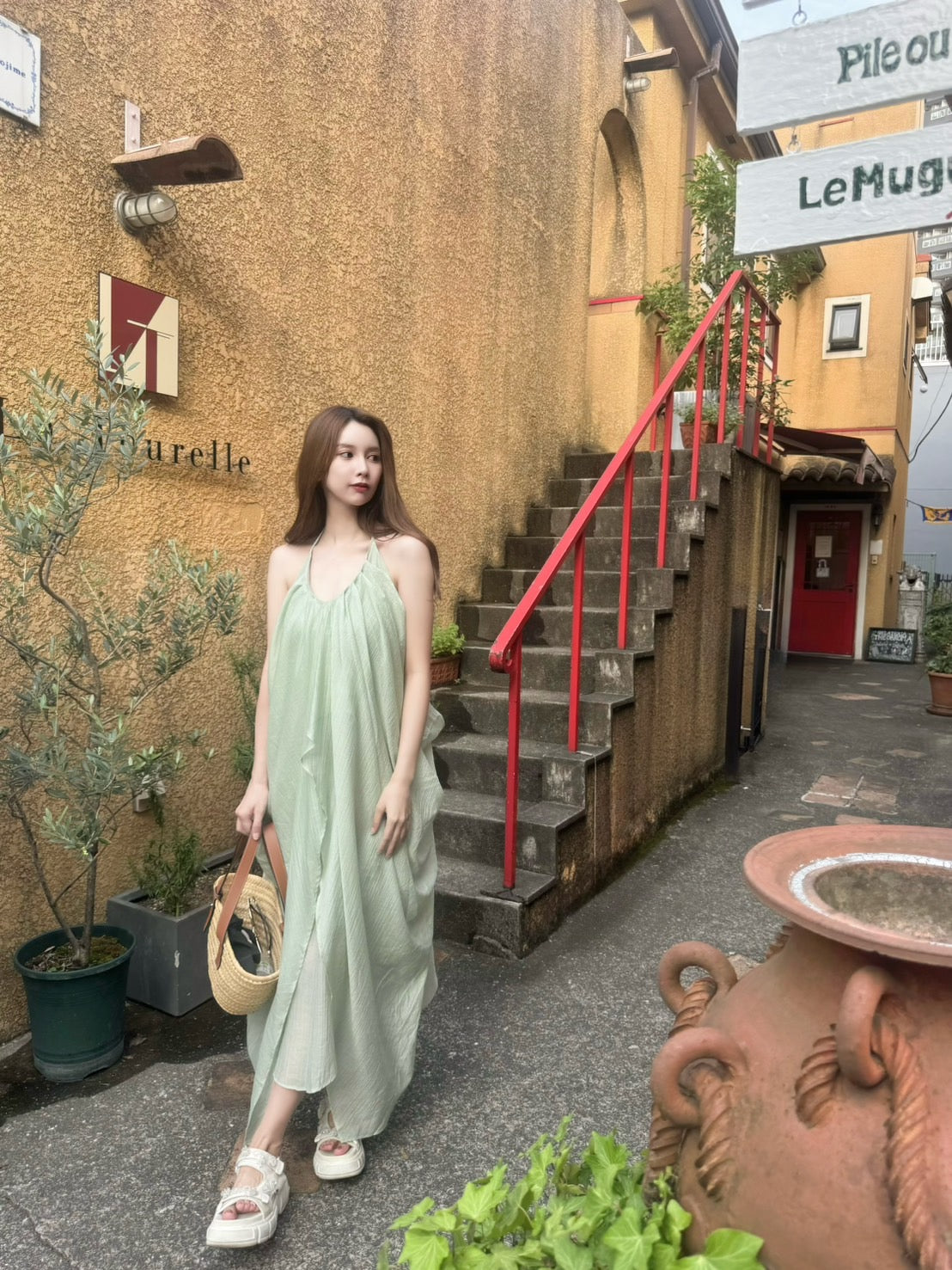 Mint Sheer Drape Halter Dress