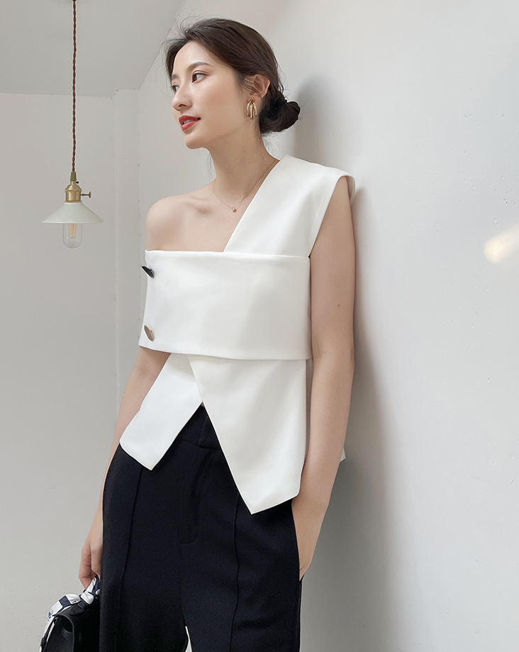 One-shoulder french tops (White)